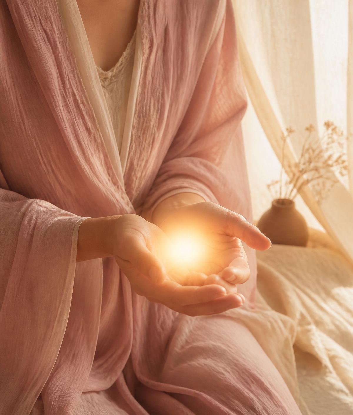 Rankos, laikančios šiltą Reiki energijos švytėjimą